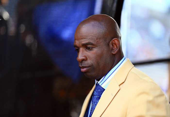 Deion Sanders during the 2013 Pro Football Hall of Fame Enshrinement at Fawcett Stadium